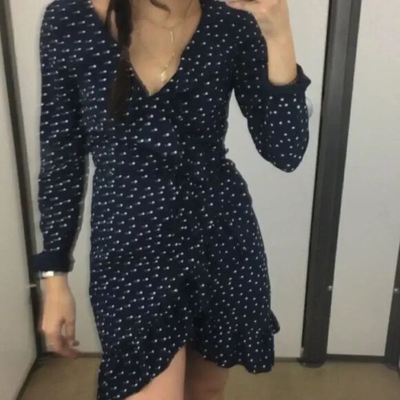 3/$25 ✺ Navy wrap dress stars ruffles  crossover long sleeve  small - Picture 1 of 7